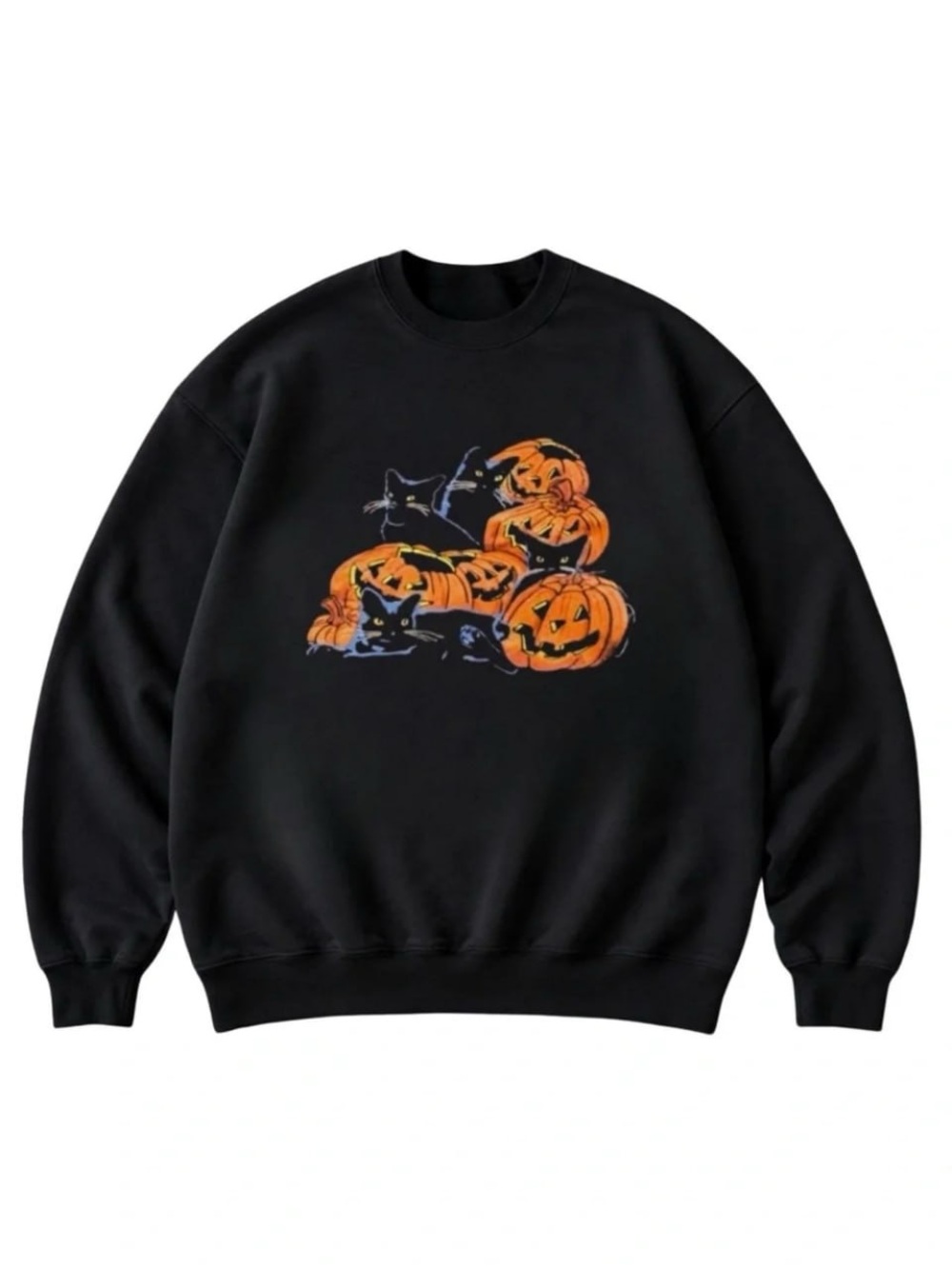 Black Short Sleeve Tee with Orange Pumpkin & Black Cat Graphic